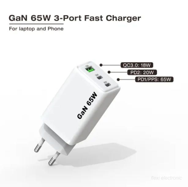 شارژر سریع یونیورسال GaN نوع C 3 پورت شارژر 65 واتی USB C
